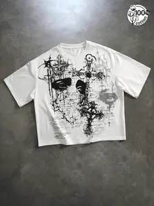 Unisex 100% Cotton Gothic All-Seeing Eye Cross Print Oversized Round Neck T-Shirt | Y2K Dark Aesthetic Occult High Street American Retro Streetwear Top