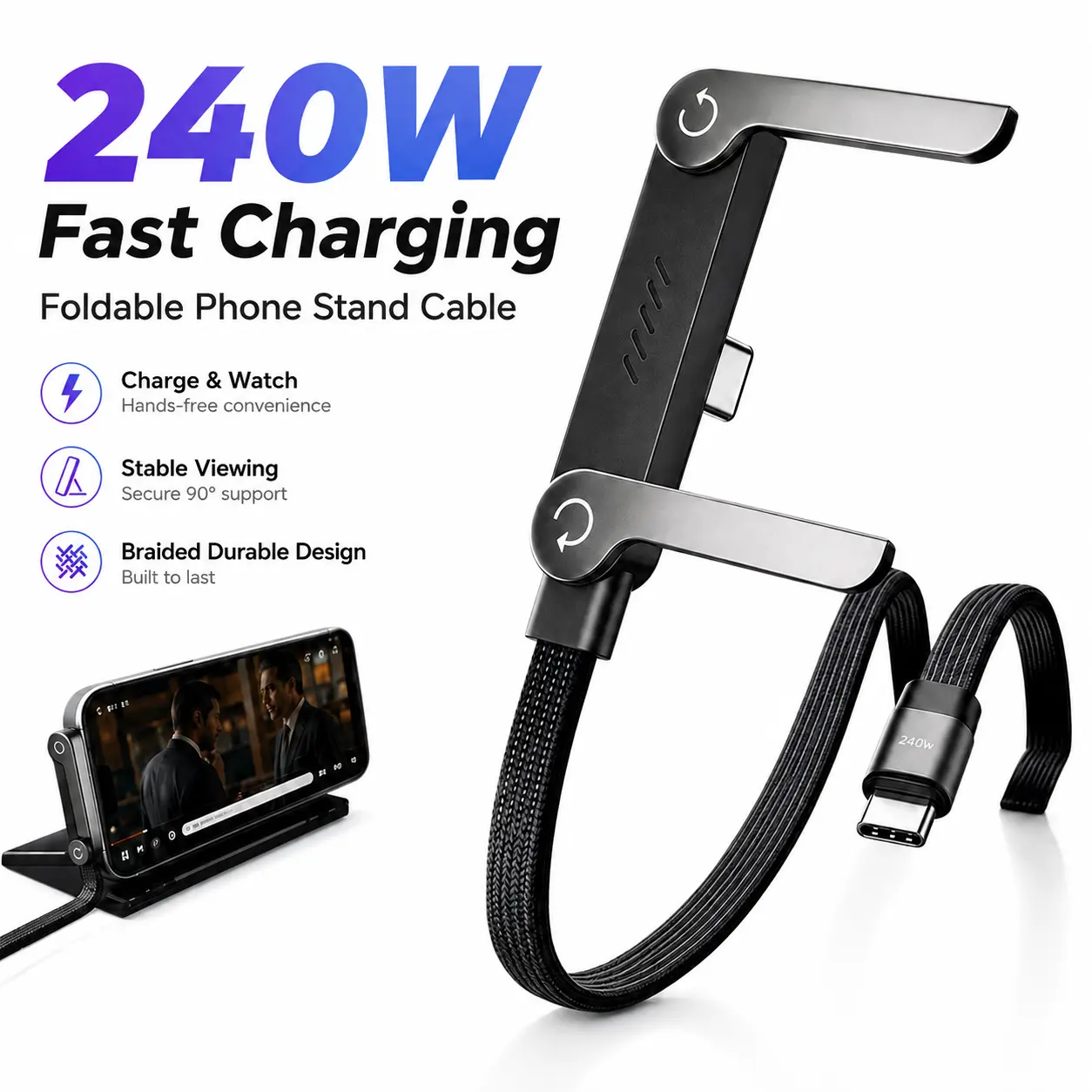 Invisible Charging Cable with Phone Stand, 240W Super Fast Charging 2-in-1 Cord for Gaming, Office, Car Travel, Compatible with Type-C Devices, Black-YY1 Cellphone Mount