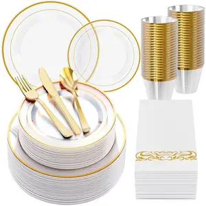350 Count Clear Dinnerware Set for 50 Guests- Clear with Gold Rim, Includes Disposable 50 Dinner & Salad, Cups, and Cutlery Set