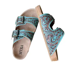 Rustic Rodeo Tooled Leather Slide Sandals – Turquoise & Brown*