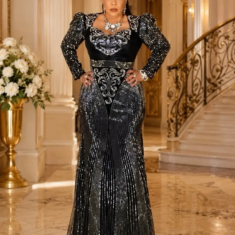 Women's Royal Elegance Black & Silver Sequin Mermaid Evening Gown - Long-Sleeve, Luxury Formal Maxi Dress