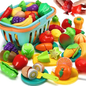 70 PCS Cutting Play Food Toy for Kids Kitchen, Pretend Fruit &Vegetables Accessories with Shopping Storage Basket, Plastic Mini Dishes and Knife, Educational Toy for Toddler Children Birthday Gift
