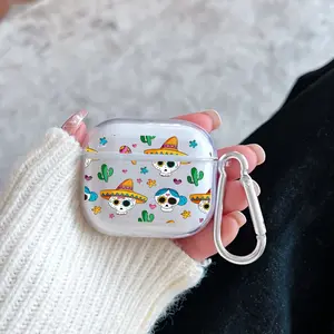 Sugar Skull Cactus Pattern TPU Soft Protective Case for Apple AirPods 4/3/2/1/Pro/Pro2 Transparent Earphone Cover with Keychain Attachment