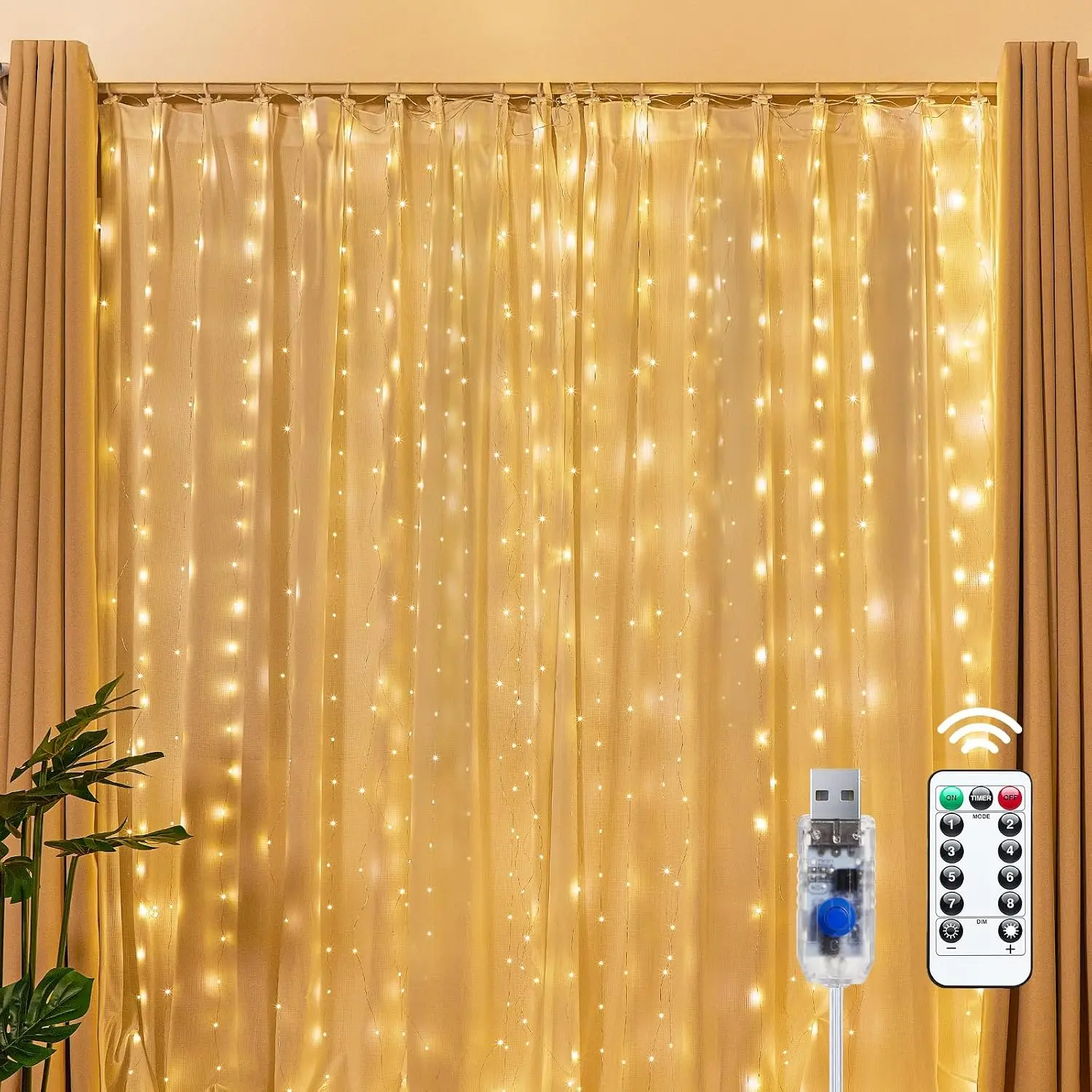 Modern Color Changing Curtain String Lights, 300 LED Dimmable Fairy Lights with Remote, Timer, 8 Modes, USB Power Supply, for Christmas Indoor Room Wall Decor, Multicolor