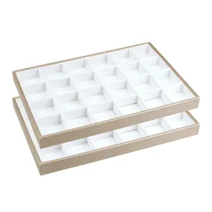 REGALWOVEN Set of 2 Stackable PU Leather Jewelry Organizer Trays with Removable Dividers for Drawers, Jewelry Organizer Drawer Inserts Holder 24 Grid Tray White, 35*24*3cm