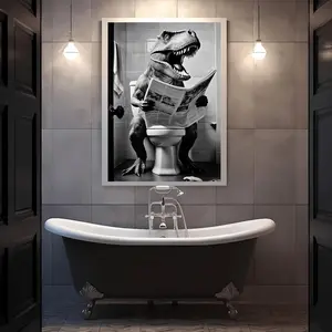 1pc Funny Dinosaur T-Rex on Toilet Poster - Bathroom Suitable for Room, Modern T-Rex Rex Art, Decor for Living Room, Bedroom, Bathroom - Unframed Canvas Painting