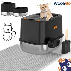 Enclosed Stainless Steel Cat Litter Box with Lid, XL Extra Large Litter Box for Big Cats, Metal Litter Pan High Sided, Never Absorbs Odors, Anti-Urine Leakage, Include Scoop (V-Black)