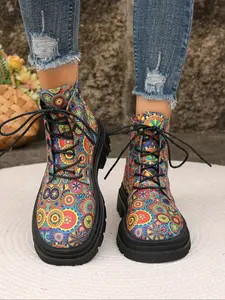 Women's Fashion Lace-Up Ankle Boots, Chunky Heel Design, Thick Sole, Copper Coin Print, Stylish Lucky Charm Shoes