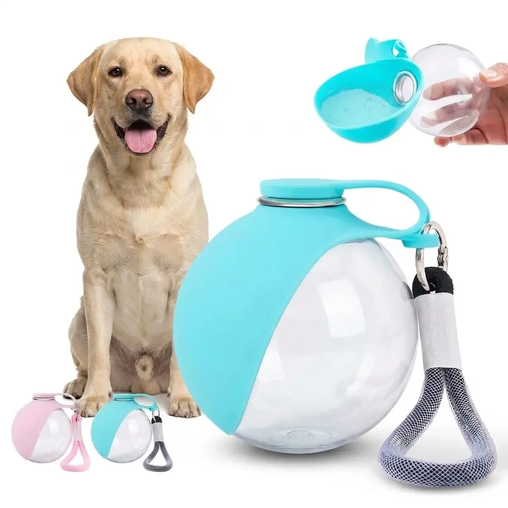6oz Portable Plastic Dog Water Bottle with Silicone Bowl - Leak-Proof, Uncharged, Lightweight, Cup Holder-Fit, Stainless Steel Accent - For Outdoor Walking, Camping Feeding, Easy Hydration + Companion Pet Food Mat