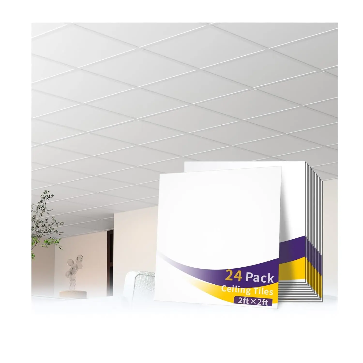 LOOYEE 6-Pack Smooth White PVC Fireproof Waterproof Decorative Drop Ceiling Tiles (2x2FT/24x24In Blank Panels, 12pcs Total) – Durable, Flexible, Lightweight, Easy Installation, Reusable for Home Basements, Restaurants, Bathrooms (Covers 24 Sq.Ft), Commerc