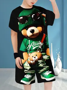 Boys Fashion Cute Bear 3D Print Casual Short Sleeve Tee Set, Outdoor Gym Shorts Set, Spring & Fall Fitted Regular Fit, Husky Boy Clothes