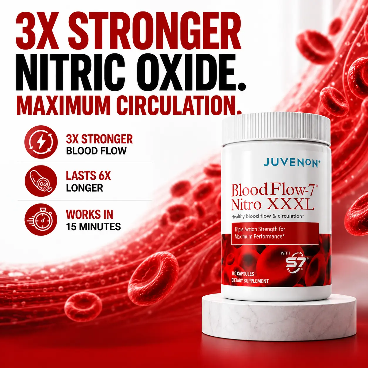 Juvenon BloodFlow-7 Nitro XXXL – Max Strength Nitric Oxide Booster with 1500mg Nitrosigine – 3X Strength Blood Flow & Circulation Support for Men & Women – Caffeine Free – 180 Capsules