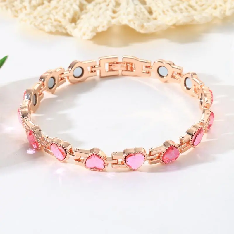 Ladies' Rose Gold Alloy Diamond Heart-Shaped Magnetic Bracelet, 3500 Gauss Strong Magnetic. A suitable birthday and Christmas gift, Valentine's Day gift, or Christmas gift. Recommended for wrists between 7.48 and 9.45 inches.