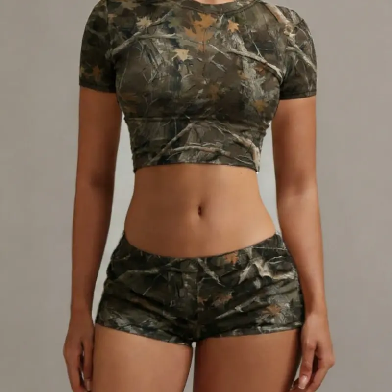 Women's Camo Print Round Neck Short Sleeve Slim Fit Sports T-Shirt and Shorts Set, Summer Fashion Versatile Two-Piece Casual Sportswear, Active Outfits, Summer Fitness Outfit, Athleisure Summer Clothes