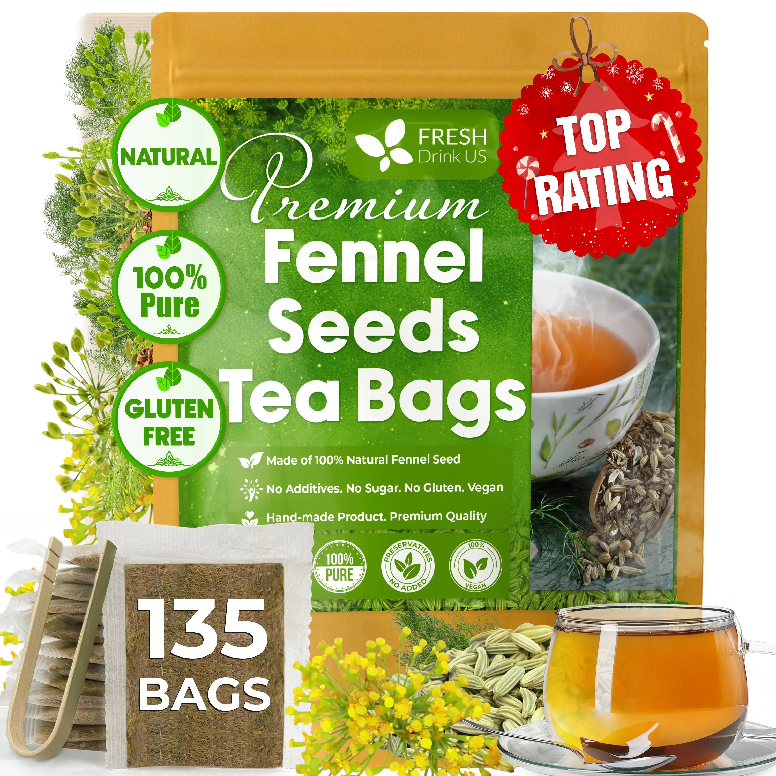 【FreshDrinkUS】 Premium 135 Fennel Tea Bags, 100% Natural & Pure from Fennel Seeds. Fennel Seed Herbal Tea. Fennel Seed Tea. Made with Natural Material Tea Bags. No Sugar, No Caffeine, No Gluten, Vegan. Beverage