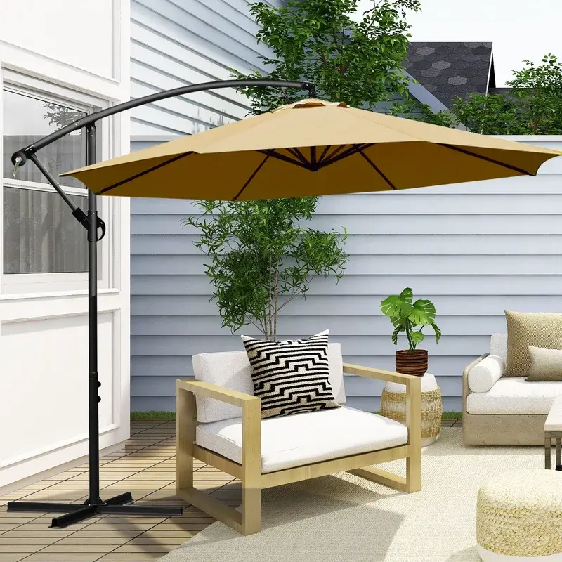 best buy patio umbrella Costway - 10FT Patio Wooden Market Table Umbrella Pulley with 8 Bamboo Ribs  Sunshade Canopy