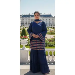 Royal Blue Georgette Sharara Suit - Pakistani Style with Lace Dupatta
