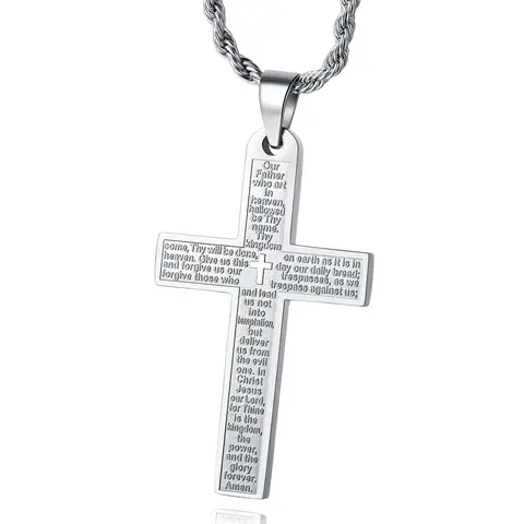 Minimalist Unisex Cross Medallion Pendant Necklace - Dainty Faith Jewelry, Religious Spiritual Daily Piece, Lord's Prayer Scripture, Carved Crucifix, 24-in Hypoallergenic Fade-Resistant Metal Chain, Christian Gift