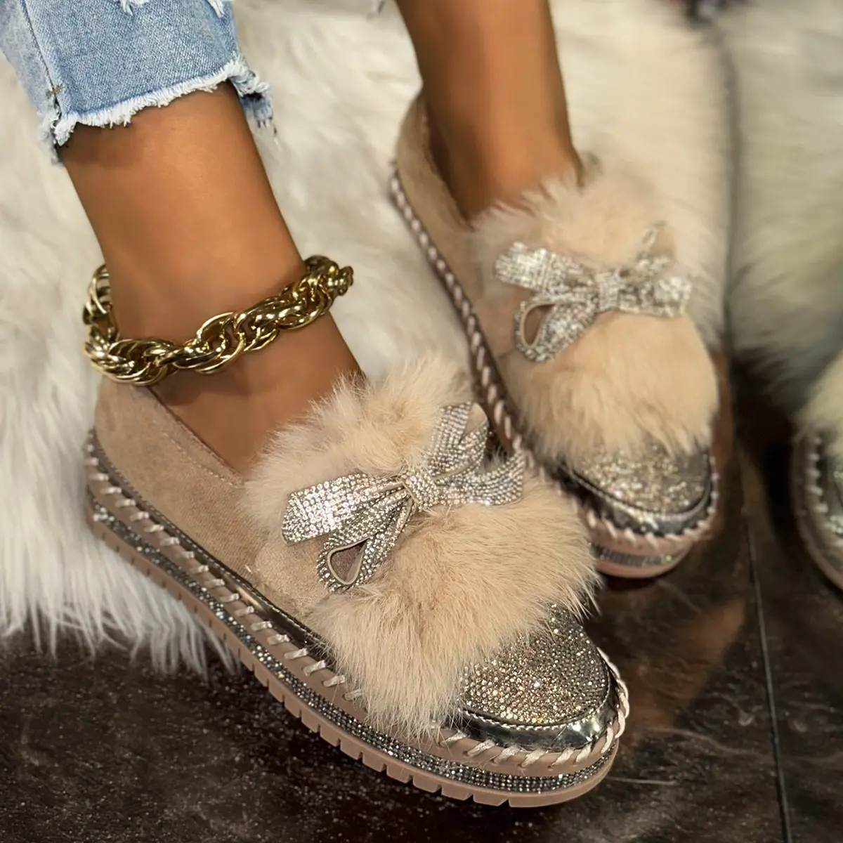 Women's Sparkling Rhinestone Bow Slip-On Loafer Flats - Large Size Winter Warm Round-Toe Moccasin Footwear with Plush Lining, Soft Fabric Upper, Non-Slip Rubber Sole, Casual/Semi-Formal for Everyday/Special Occasions (Grey), Easy-Care Hand Washable, Flat