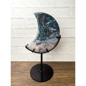 Moss Agate Crystal Carved Moon on Stand – Natural Stone #76