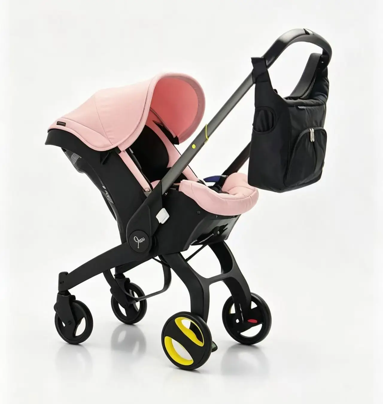 Stroller with Pink Canopy and Black Frame, Equipped with Yellow Wheels and a Black Bag, Ideal for Parents Stroller with Pink Canopy and Black Frame, Equipped with Yellow Wheels and a Black Bag, Ideal for Parents