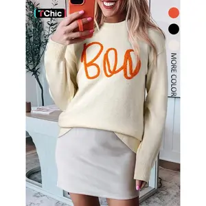 Women’s crew-neck knitted pullover with letter patterns, perfect for costume parties and autumn fashion? A COMFORTABLE AND TRENDY HALLOWEEN OUTFIT