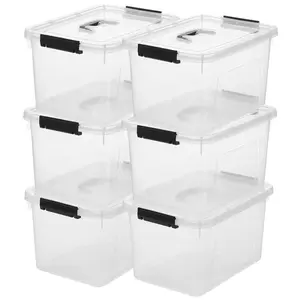 Stackable Plastic Storage Bins with Lids, 6 Pack - BPA-Free - See-Through Organizing Solution, Latches, Durable Nestable Containers, Secure Pull Handle - Clear