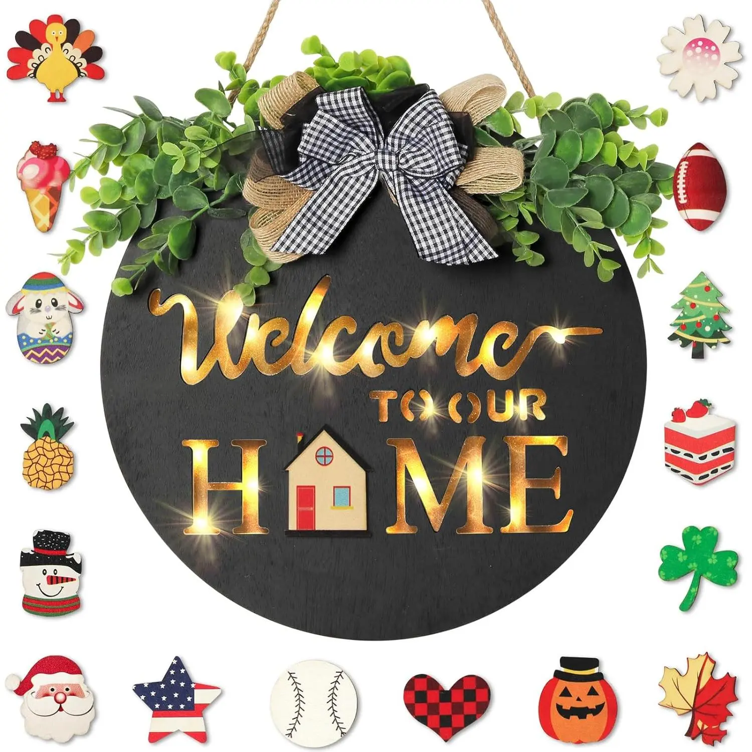 Round Wooden Farmhouse Light Wreath - Interchangeable Gift Decoration for Front Door, Wall, Porch - 17 Switchable Seasonal Icons for 3 Key Scenarios (Holidays, Spring, Winter) - Black