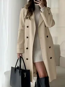 Women's Casual Fashion Commuter Button Long Coat Jacket Fitted, Fall Winter Casual Longline Outerwear, Stylish Windbreaker for Daily Wear