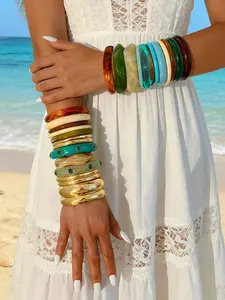 Women's Vintage Bohemian Acrylic Resin Bracelet Set (4/6/8pcs) - Geometric Asymmetric, Tie Dye, Blue Green Pink, Carved Textured Gold-Tone Wide Cuff Bangles, Y2K Cute Costume Jewelry for Summer Vacation Daily Use