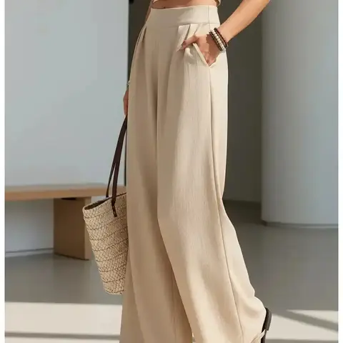 Women's High Waist Wide Leg Pants with Pockets, Fashionable Versatile Commuter Long Pants, Stylish Ladies' Casual Trousers, All Season Bottoms