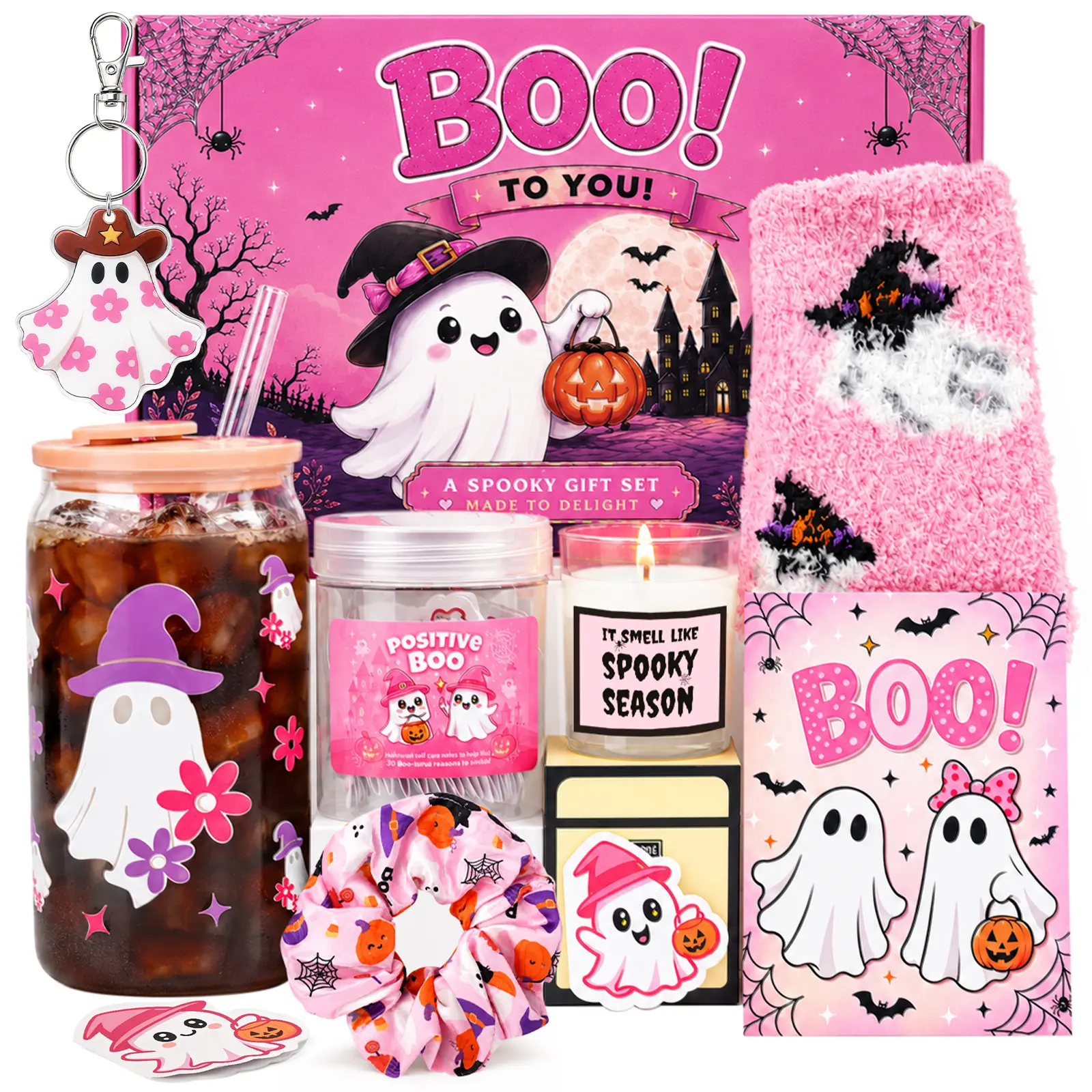 Pink Halloween Boo Basket Gift Set, Cute Ghost Spooky Gift Box with Glass Cup, Cozy Socks, CandleScrunchie, Keychain & Emotion Cards, Halloween Gifts for Girls Women