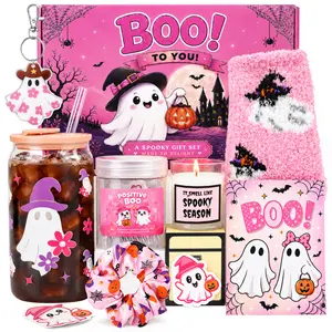 Pink Halloween Boo Basket Gift Set, Cute Ghost Spooky Gift Box with Glass Cup, Cozy Socks, CandleScrunchie, Keychain & Emotion Cards, Halloween Gifts for Girls Women