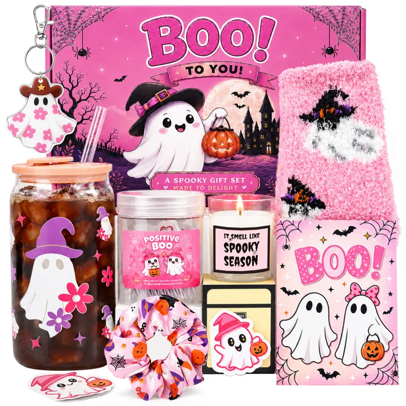 Pink/Purple/Black Halloween Boo Basket Reusable Gift Pack Set - Collectible Scented Party Bags & Gifts Box with Silicone Keychain, Glass Cup, Cozy Socks, Candle, Satin Scrunchie, 30 Positive Ghost Emotion Cards - Dorm Room Item for Girls