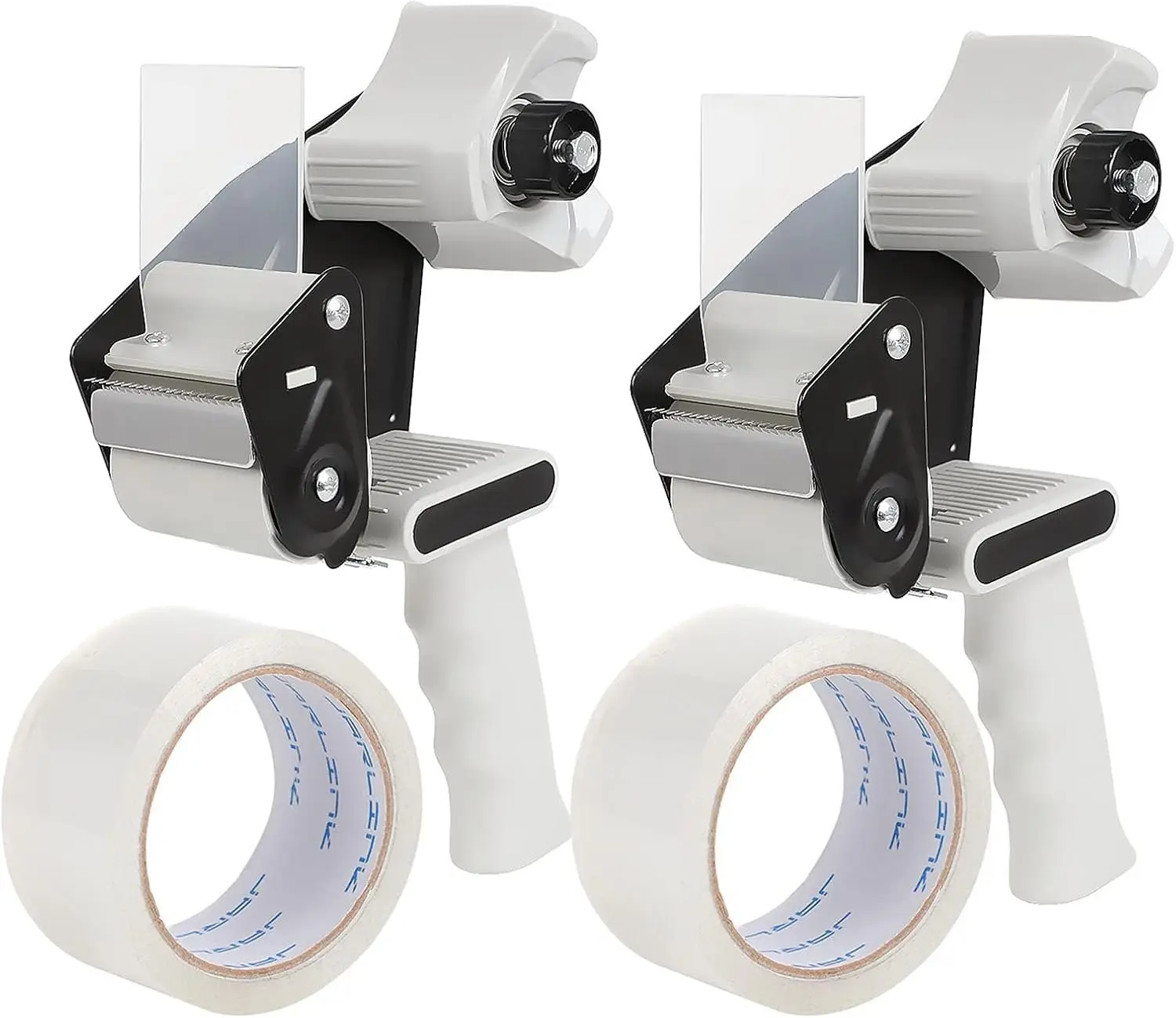 Packing Tape Dispenser  (2 Pack) with 2 Rolls Tape, 2 inches Lightweight Industrial Side Loading Tape Dispenser for Shipping Packaging Moving Sealing (Grey & Black)