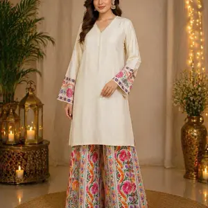 Two Piece Floral Cord Set - Elegant White Top with Colorful Floral Embroidered Sleeves & Matching Palazzo Pants