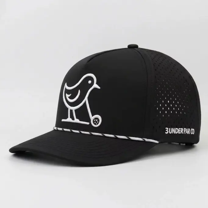 3 Under Par Co "Tap in Bird" Edition Golf Hat - Black with Perforated Design and White Trim