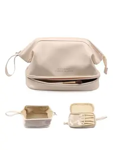 PU Leather Dual-Layer Cloud Makeup Bag, High-Profile Portable Wash Kit, Large Capacity Women's Storage Bag, All Seasons Casual Style