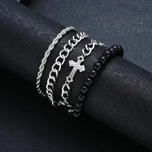 4Pcs/Set Cross Bead Bracelet Men's Silver Black Bracelet Set Fashionable and Versatile Party Jewelry Gift