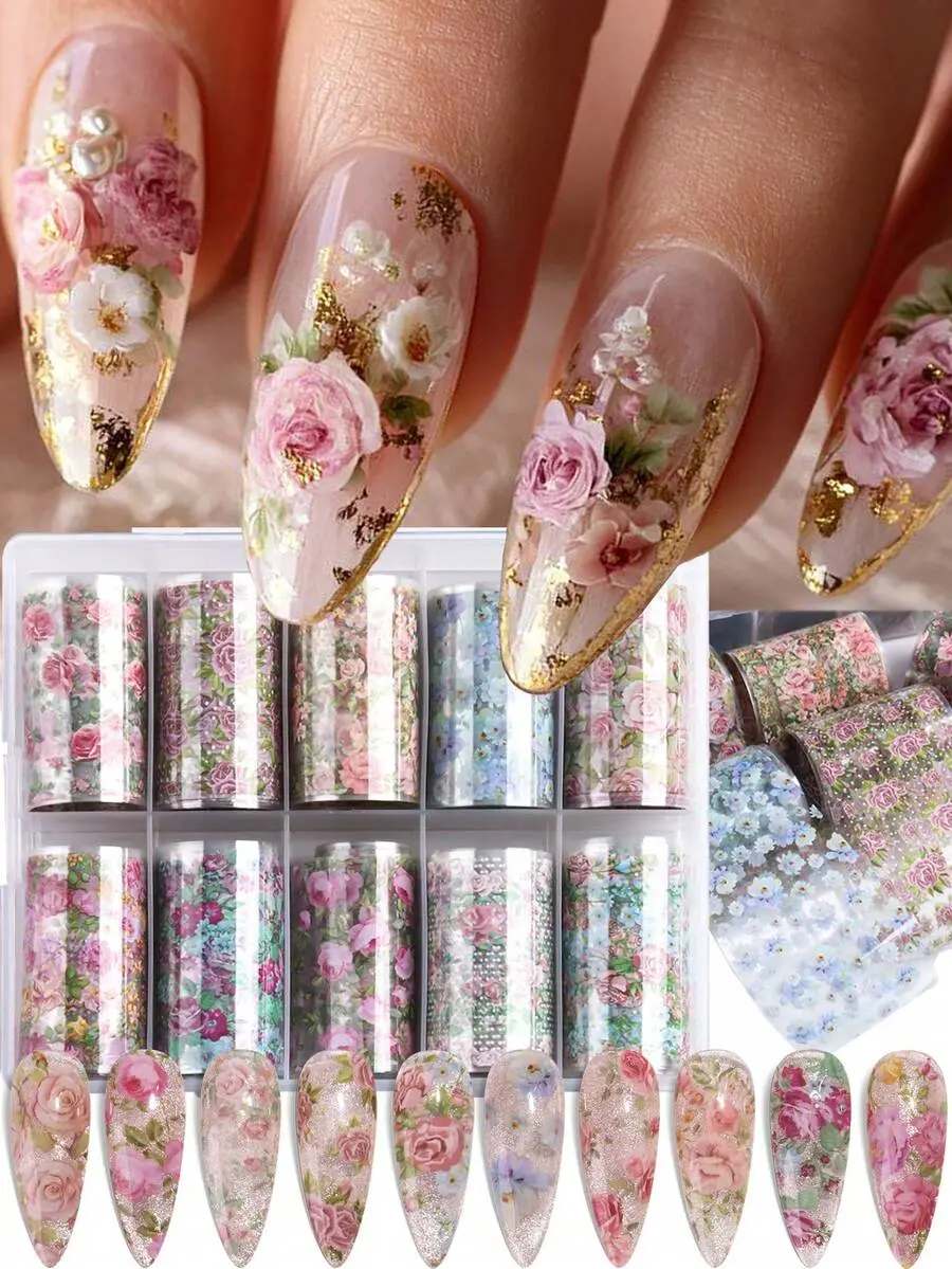 10pcs Nail Art Stickers Set, Holiday Pattern Metallic Foil Transfer Stickers, Laser Country Rose Metallic Foil Nail Decals, Suitable For Women DIY Manicure Decoration