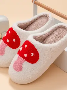 Cute Mushroom Embroidered Plush Slippers, Women's Soft Teddy Fleece Home Slides, Thickened Inner Lining, Anti-Slip Sole, Silent Indoor Bedroom Shoes