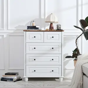 White Dresser with 5 Drawers, Tall Chest of Drawers, 5 Drawer Dresser with Deep Space, Wood Storage Cabinet for Living Room, Hallway, Office, White