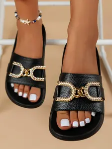 Women's Summer Fashion Rhinestone Decorated Slides for Beach Holiday Vacation, Fashionable Pu Slides, Casual Comfortable Black Slide Sandals for Indoor Outdoor Wear, Wide Lychee Texture Band House Slippers, Interlocking Sandals