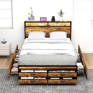 Queen Size Bed Frame with 8 Storage Drawers and Headboard, Queen Metal Bed Frame with LED Light and Charging Station, Heavy Duty Metal Slats, Noise Free, No Box Spring Needed, Rustic Brown