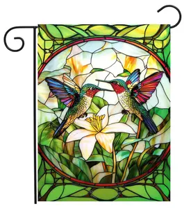 Stained Glass Hummingbird Garden Flag, 12x18 in Double-Sided Small Outdoor Banner, Spring Floral & Summer Flower Design for Home Festive Decor