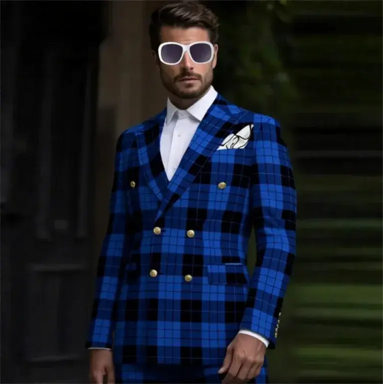 British Style Plaid Check Suits Men 2 Pieces Sets Double Breasted Prom Blazers Customized Man Business Daily Party Tuxedos