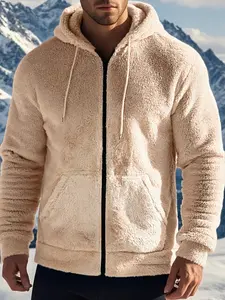 fall outfits Men's autumn and winter hooded lambskin coat, warm and stylish, with a zipper design for easy putting on and taking off. The soft and skin-friendly plush texture makes it easy to create a fashionable, casual and trendy men's style