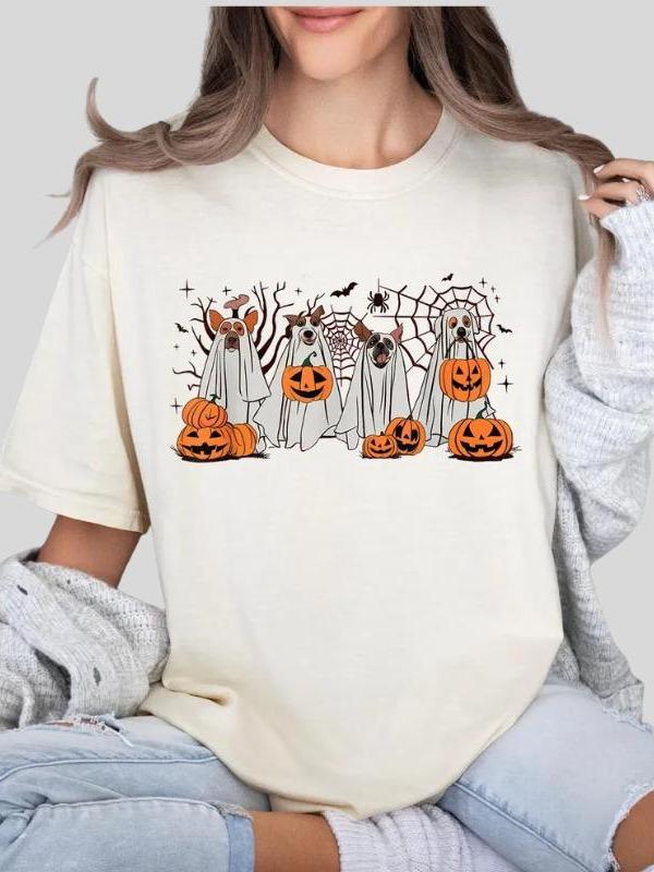 Cute Ghost Dogs Halloween Comfort Colors T-Shirt – Spooky Season Graphic Tee, Funny Puppy Lover Gift, Vintage Aesthetic Pumpkin Apparel, Autumn Vibing Clothes, Retro Web Oversized Casual Cotton Top