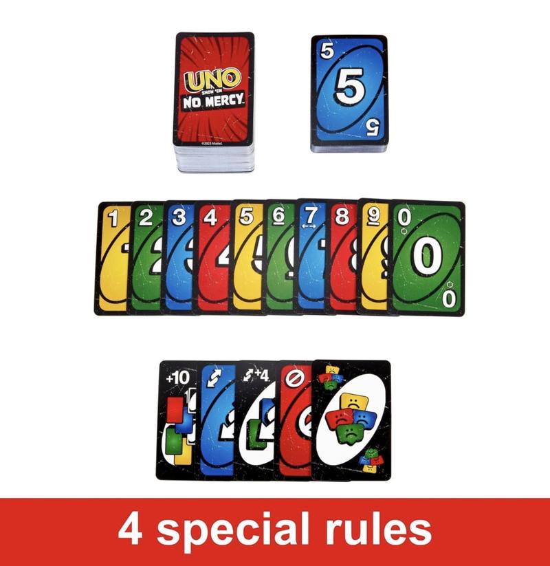 Mattel Games UNO Show ‘em No Mercy Card Game in Storage & Travel Tin for Kids, Adults & Family Night with Extra Cards, Special Rules & Tougher Penalties uno show card games card game