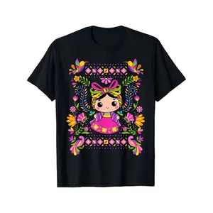 Women S Vibrant Mexican Mazahua Lele Maria T Shirt Featuring Cartoon Folk Art Graphics Short Sleeve Cotton Casual Comfortable and Machine Washable Black with Colorful Floral Designs